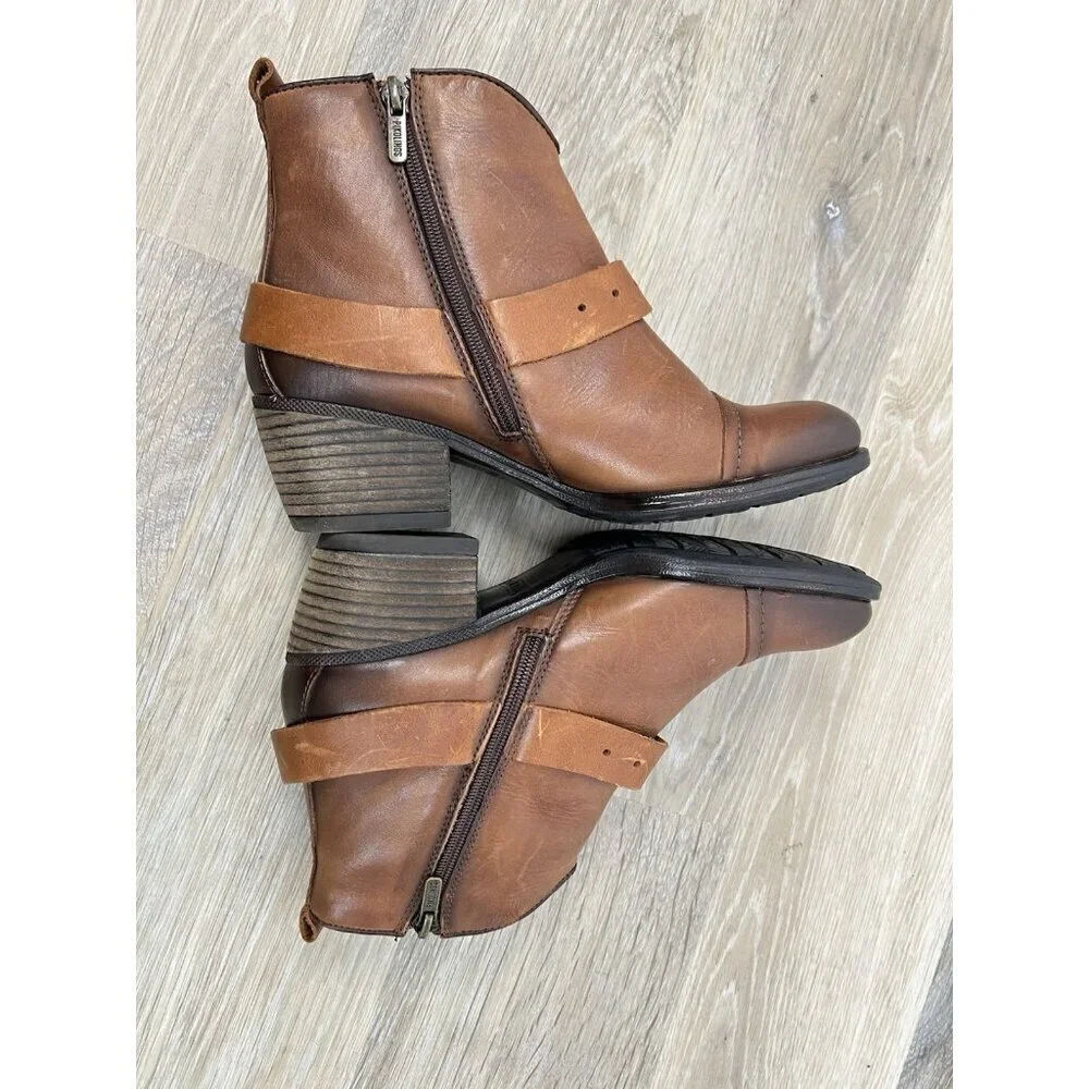 Pikolinos Balta Boots Womens 38 Brown Leather Zip Western Buckle Ankle 7.5-8